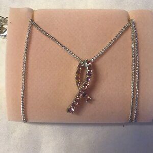 Avon  Breast Cancer Crusade Pink Ribbon Rhinestone Necklace 2004‎ Silver Tone